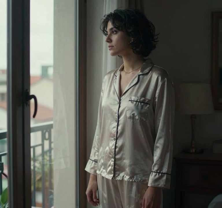 An introspective, cinematic shot of a person dressed in elegant loungewear, standing by a window in a sophisticated South American apartment. The lighting is soft and moody, reflecting a moment of quiet personal transformation.
