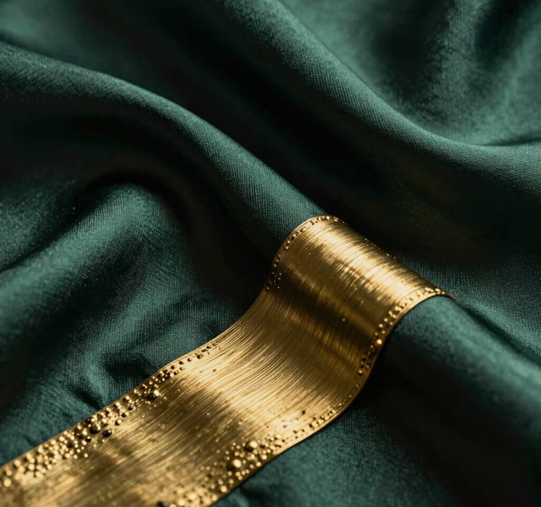 Macro photography of refined abstract textures, dark green silk and brushed golden metal. Cinematic lighting, deep shadows, representing sophisticated internal layers.