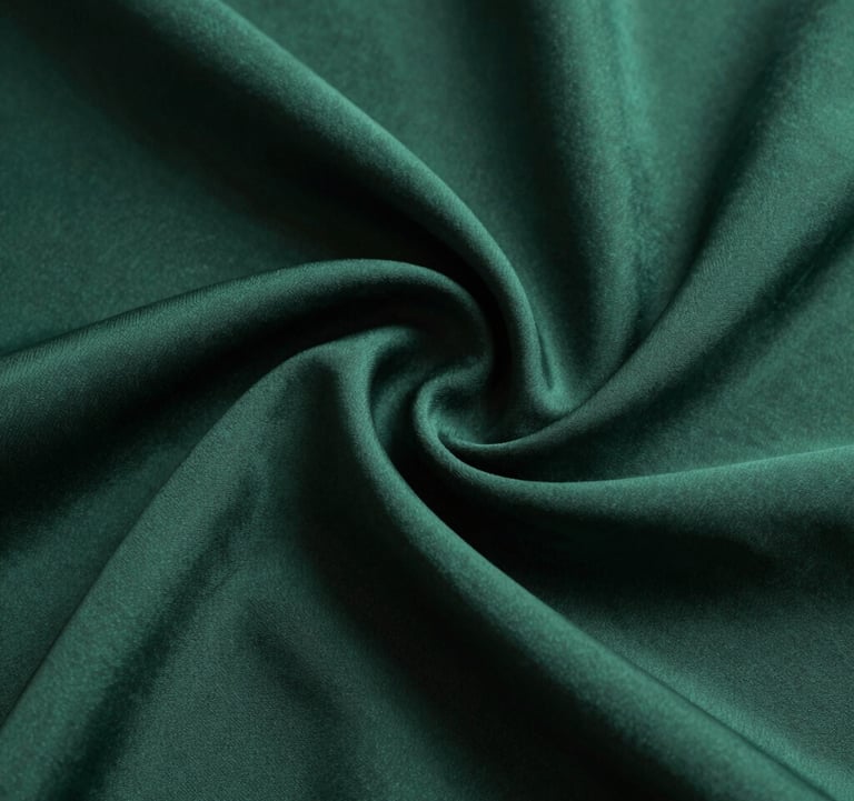 An artistic macro photograph of deep petrol green fabric with elegant, flowing silk textures. Soft studio lighting highlights the curves, evoking a sense of calm and sophisticated transformation.