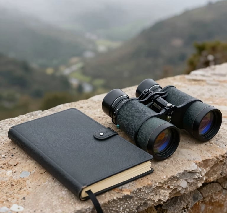 A detailed, close-up photograph of a hand-bound travel journal and a pair of vintage binoculars resting on a sand-colored stone ledge overlooking a misty valley. Editorial luxury style.