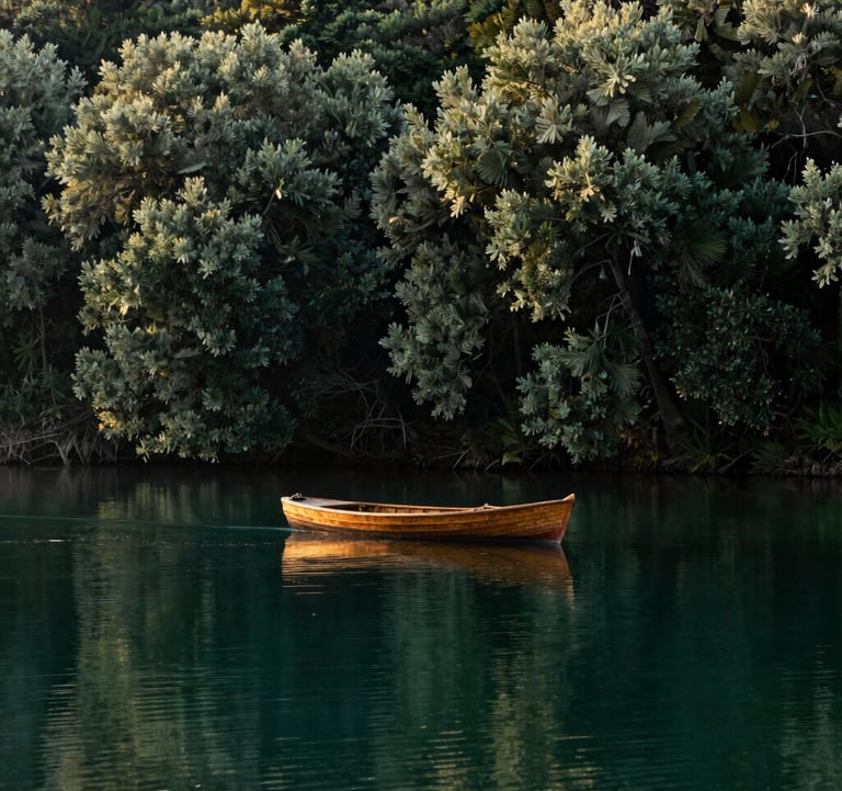 A cinematic shot of a vintage wooden boat gliding silently across a still, emerald-colored lake surrounded by dense, deep olive forests at dawn. Sophisticated and evocative composition.