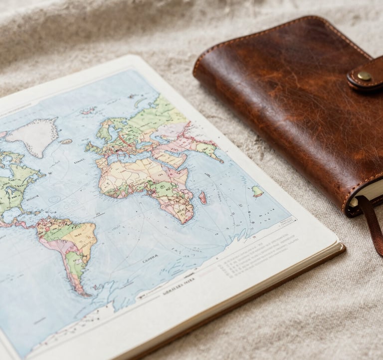 An intimate, editorial-style photo of a hand-sketched travel map and a leather-bound journal on a sand-colored linen cloth. Soft afternoon light. Global / Discerning English-speaking aesthetic.