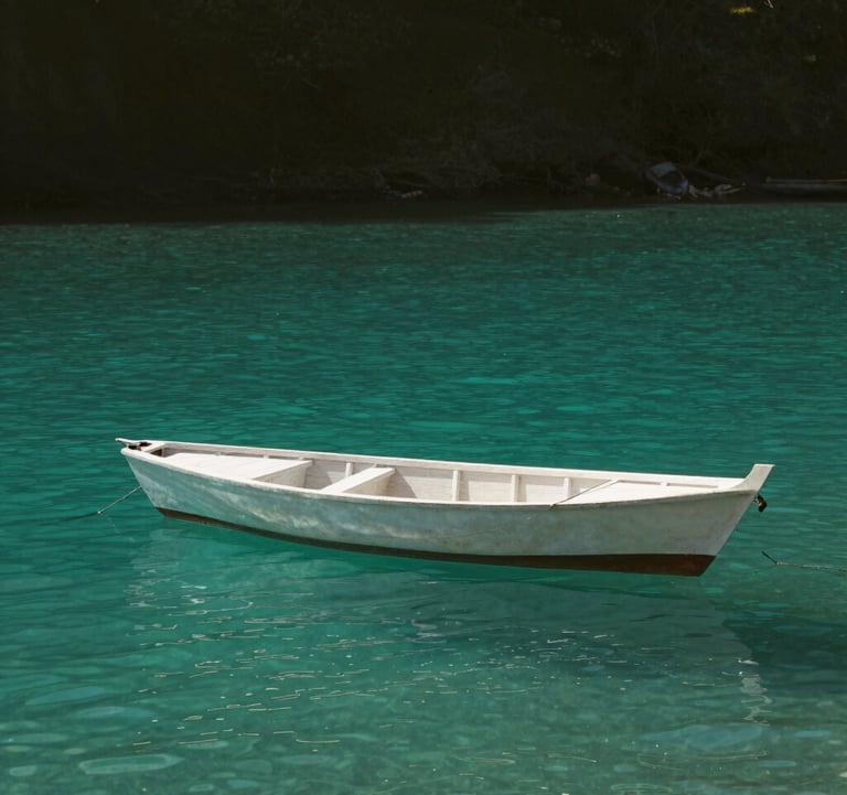 A minimalist, artistic shot of a traditional dhow boat on glass-like turquoise water, creating a tranquil and exclusive atmosphere. Deep olive tones in the distant shoreline. Global / Discerning English-speaking.