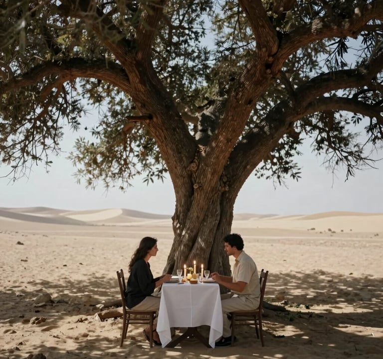 An evocative photograph of a candlelit dinner set for two under a massive ancient tree in a remote desert landscape. Deep shadows and ivory highlights. Global / Discerning English-speaking.