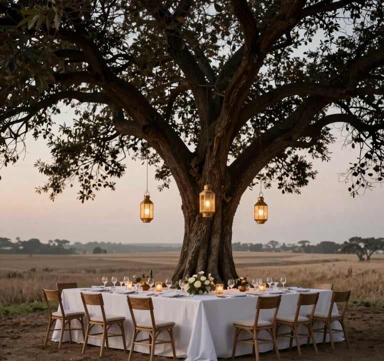 A high-end photography shot of a private dining table set under a sprawling, ancient tree at dusk, lit by muted gold lanterns. The background is a vast, calm landscape in taupe and ivory tones. Global / Discerning English-speaking.