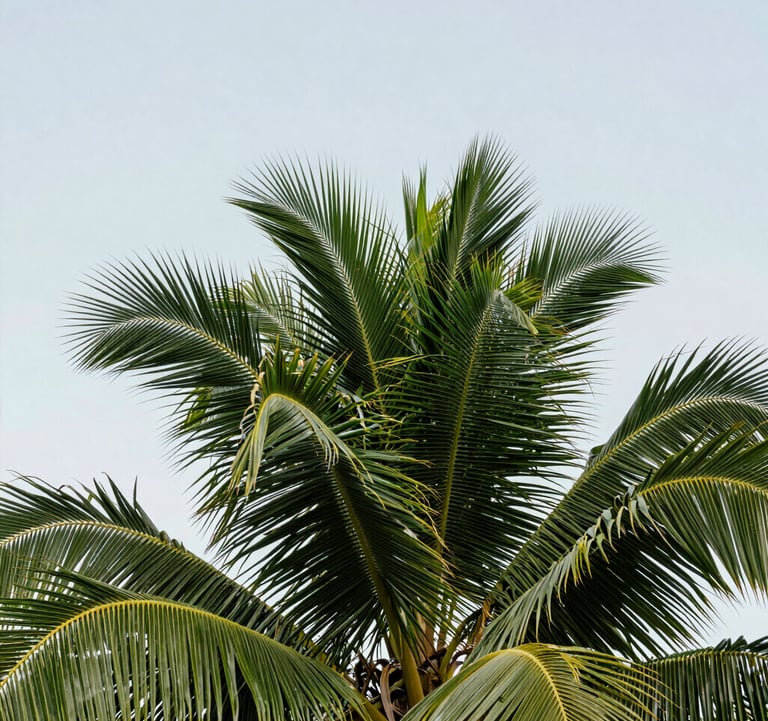 A close-up photograph of lush green palm fronds against a cloudless, pale sky. The lighting is bright and clean, reflecting a modern Caribbean aesthetic.