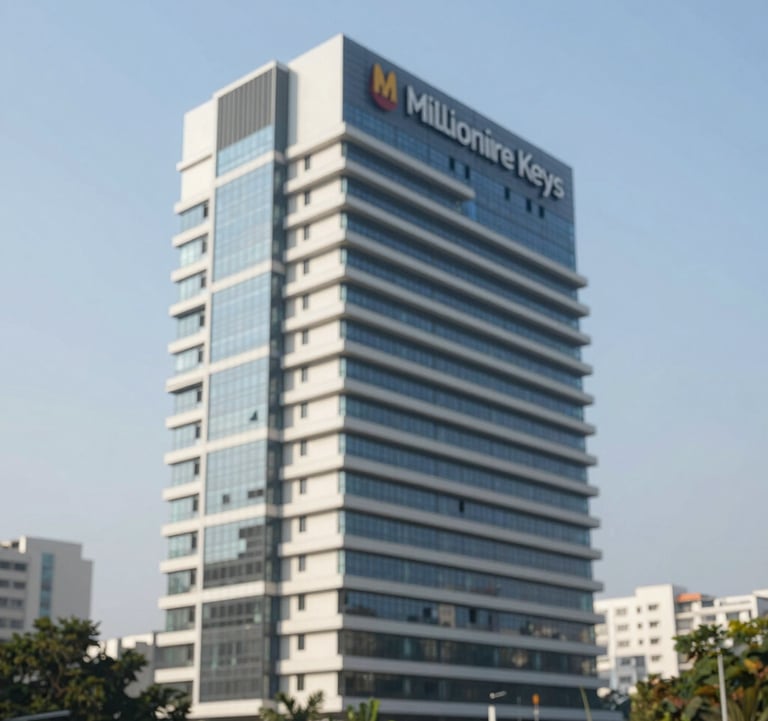 A high-yield multi-floor building in Bengaluru, showcasing modern architectural lines and multiple levels, professional daylight photography, Millionaire Keys branding aesthetic.