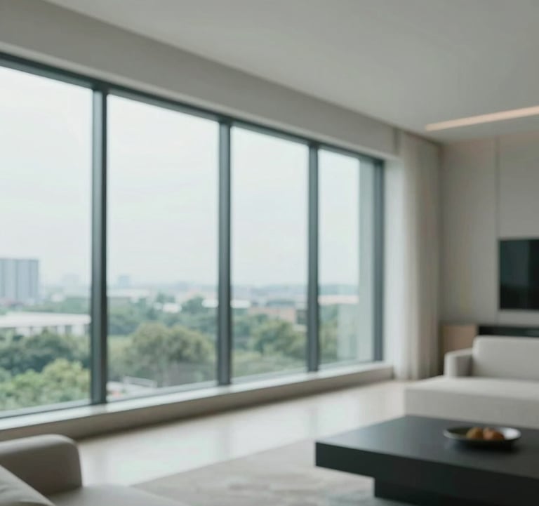 Close-up of a sleek, modern luxury apartment interior in Bellandur, with large windows overlooking tech parks. Minimalist professional aesthetic featuring #F5F2EC and #3A6B5F highlights.