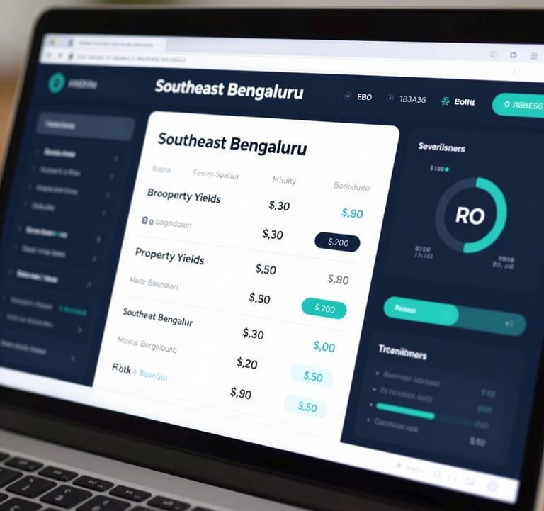 A close-up of a high-tech AI dashboard showing real-time property yields and ROI metrics for Southeast Bengaluru, designed with elite branding in #1B3A36 and #3A6B5F.