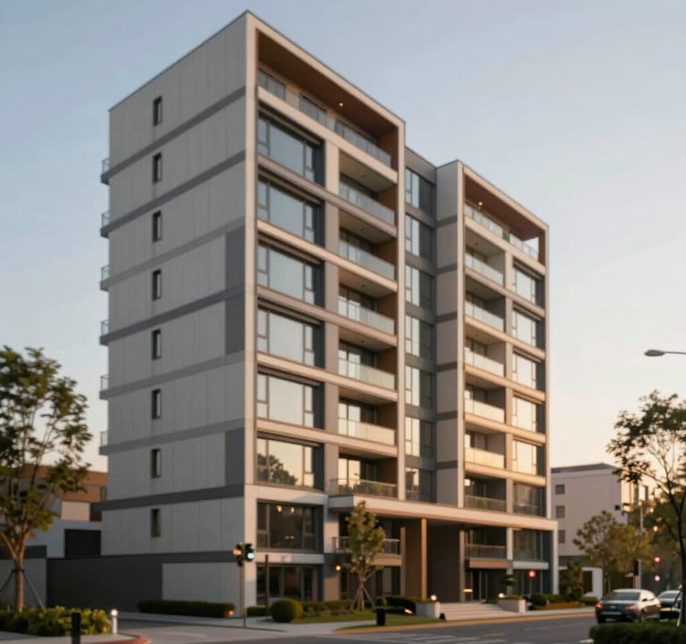 Sleek exterior shot of a modern apartment building in ITI Layout, during the golden hour. Sophisticated, wealthy aesthetic with #F5F2EC architecture.