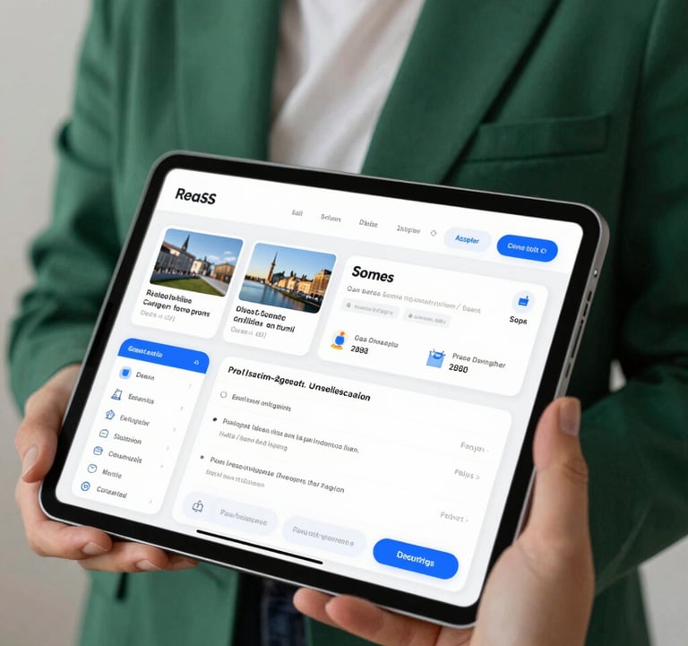A sophisticated digital tablet display showing real estate analytics and property listings, held by a professional in a forest green blazer, symbolizing the SaaS platform for agents.