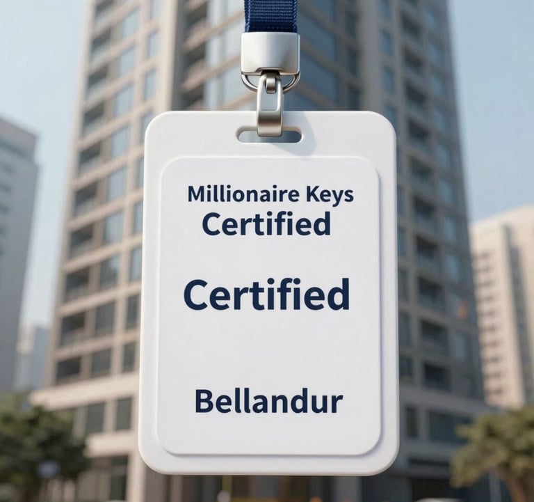 An elegant, 'Millionaire Keys Certified' verification badge over a professional architectural photo of a high-yield investment building in Bellandur. High-end real estate luxury style.