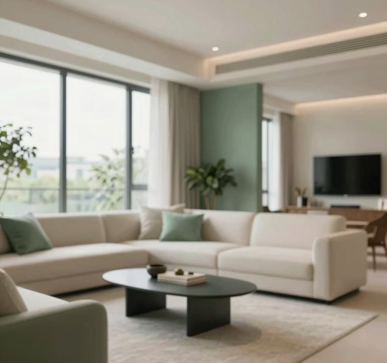 A high-end 2BHK luxury apartment interior in Sarjapur, featuring large windows, minimalist designer furniture, and professional lighting. Color palette includes sage green #9AB8AE and cream #F5F2EC.