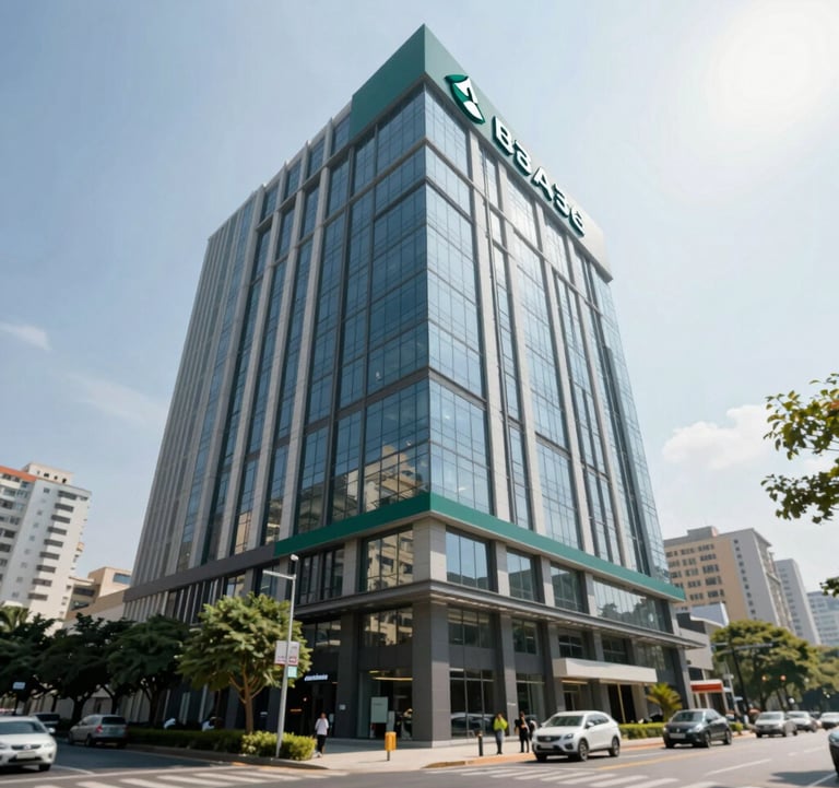 A wide-angle shot of a multi-floor commercial building in HSR Layout, modern facade, bright sunlight, signifying a high-yield investment asset. Brand colors #1B3A36 and #3A6B5F are reflected in the glass and landscaping.