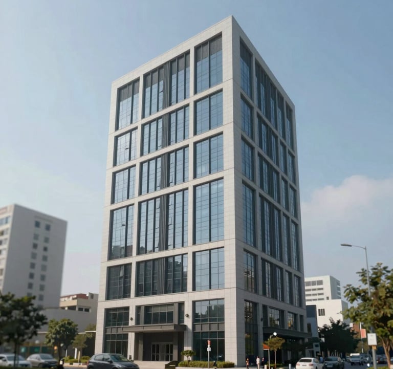 Elegant architectural photo of a multi-floor commercial building in HSR Layout, perfect for high-yield investment. Professional wealthy aura with #1B3A36 and #9AB8AE colors.