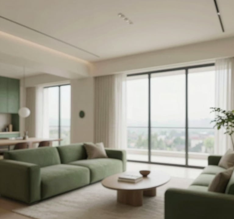 Interior of a premium 1BHK apartment near HSR Layout, showing minimalist, high-end design with floor-to-ceiling windows, soft cream walls, and elegant green accents.