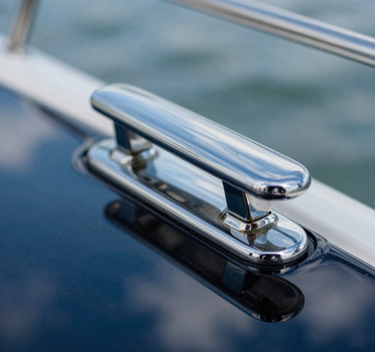 Macro photography showing a perfectly polished chrome cleat and the deep blue reflection of the Florida sky on a flawlessly waxed yacht surface, highlighting the brand's commitment to precision.