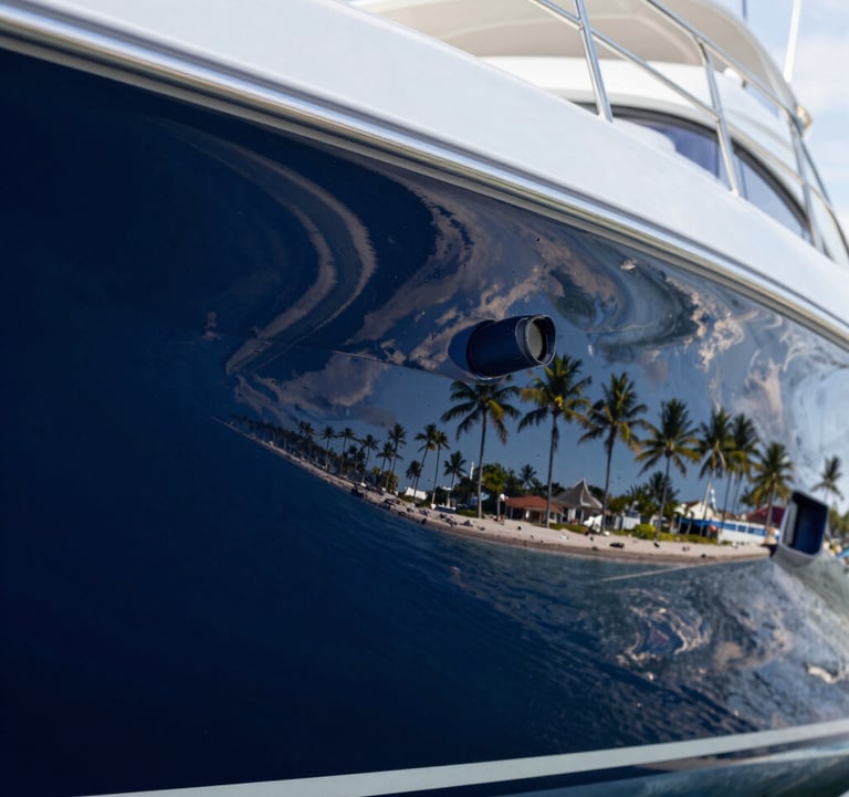 Macro photography of a yacht's hull after professional polishing, showing a perfect mirror reflection of the Coastal Florida shoreline and palm trees against a deep navy blue finish.