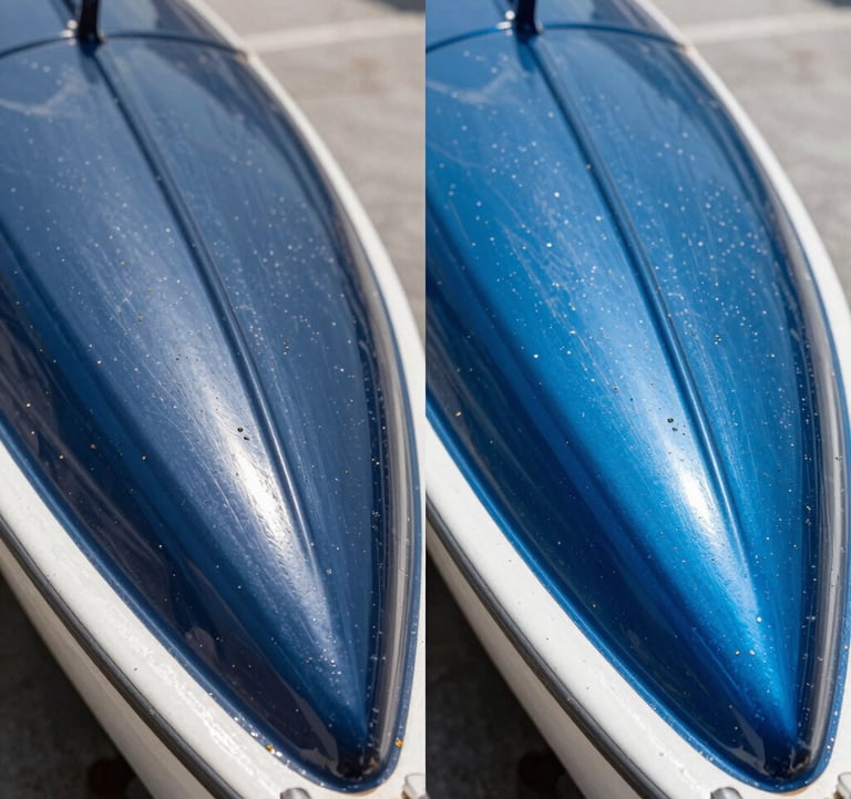 A before and after comparison view of a weathered boat surface transformed into a high-gloss, deep ocean blue reflective finish, studio lighting.