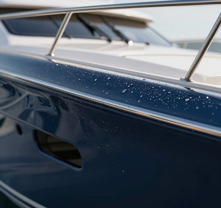 Macro photography of a yacht's surface after a high-end detailing, showing extreme gloss and water beads on a deep navy ceramic-coated hull.