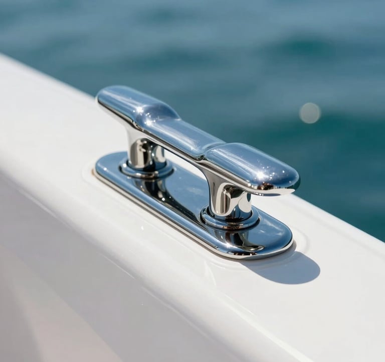 An extreme close-up of a polished chrome boat cleat on a luxury vessel in Coastal Florida. The gelcoat is pristine and white, reflecting the bright ocean blue sky. Meticulous detailing work is evident in the mirror-like finish and clean edges.