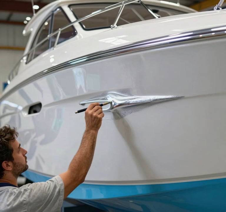 A close-up shot of a professional painter applying a premium high-gloss silver and ocean blue finish to a yacht hull in a modern shipyard setting in Florida.