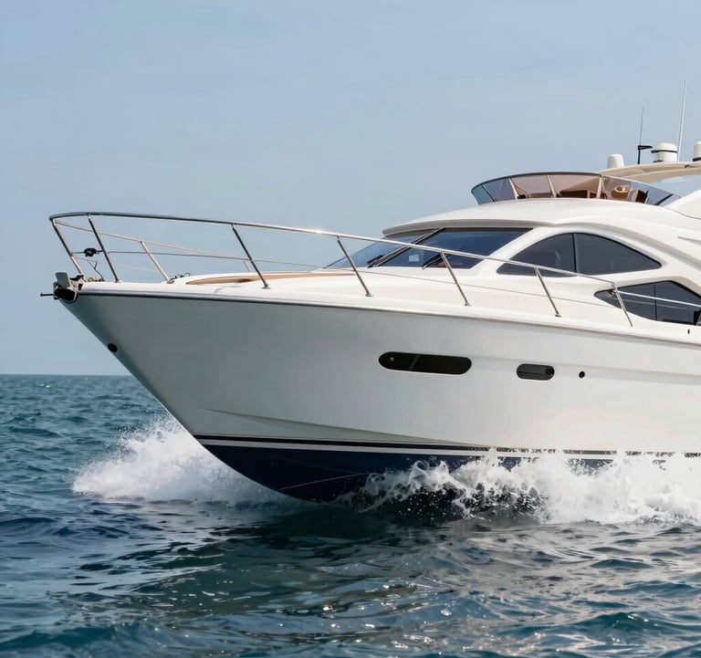 A sleek yacht cutting through the water at speed, showcasing the smooth, restored surface of the hull under the bright Florida sun.