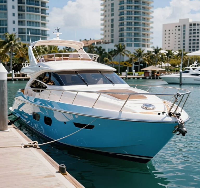 A luxury yacht docked at a high-end Florida marina, showcasing a fresh, vibrant ocean blue custom paint job with deep reflections and a clean, sophisticated aesthetic.