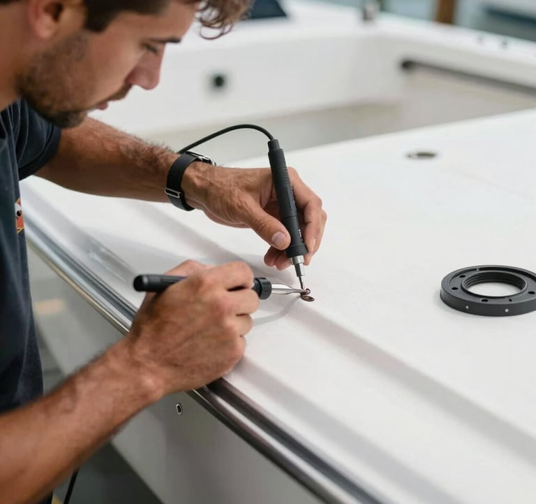 Close-up of a expert technician repairing fiberglass on a boat hull with specialized tools, showing a clean and methodical work environment in Coastal Florida.