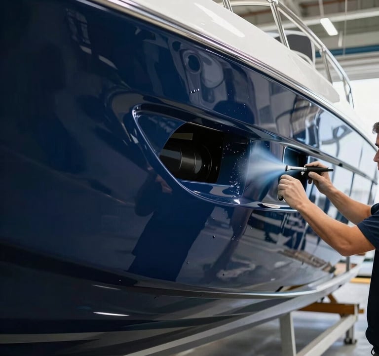 A professional marine workshop in North American / US - Coastal Florida, showing a luxury yacht hull being meticulously spray-painted in high-gloss deep navy blue. The surface is reflective like a mirror, showcasing a silver-toned finish and high-end craftsmanship.