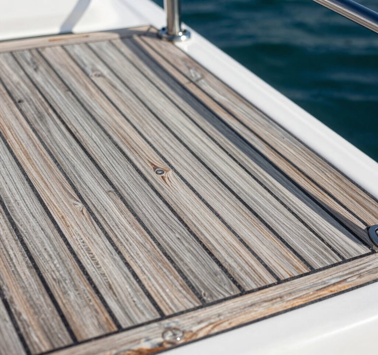 A detailed close-up photograph of a restored teak wood deck on a luxury boat, the rich silver-gray and tan wood grains glowing under the Florida sun, demonstrating precision restoration and high-end detailing.