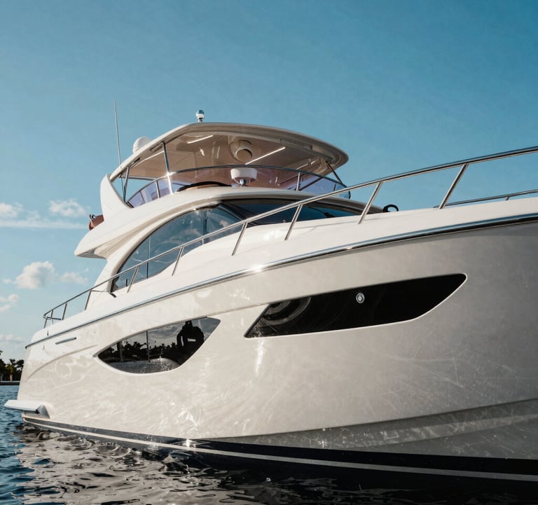 A polished luxury yacht reflecting the clear blue Florida sky, highlighting the perfection of a recent high-end detailing and ceramic coating service.