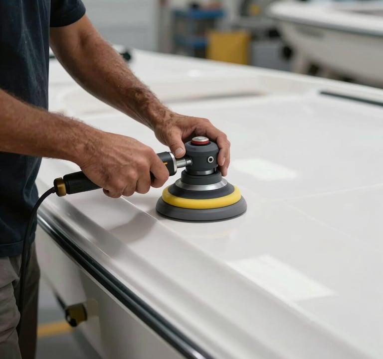 Detail shot of a skilled craftsman using a high-end buffer on a white fiberglass boat surface in a modern marine workshop in Coastal Florida. The focused lighting emphasizes the smooth, glossy texture and professional precision.