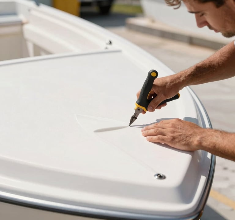A detailed shot of a skilled professional repairing a white fiberglass boat hull in Coastal Florida. The focus is on the precision tools and the smooth, seamless texture of the surface under bright, natural daylight. The mood is professional and clean.