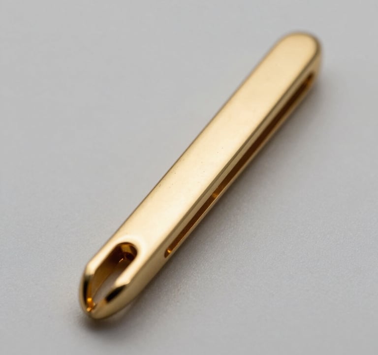 Macro shot of a high-end metal pin with a polished gold finish, showing fine detail and reflective surfaces against a clean grey background.
