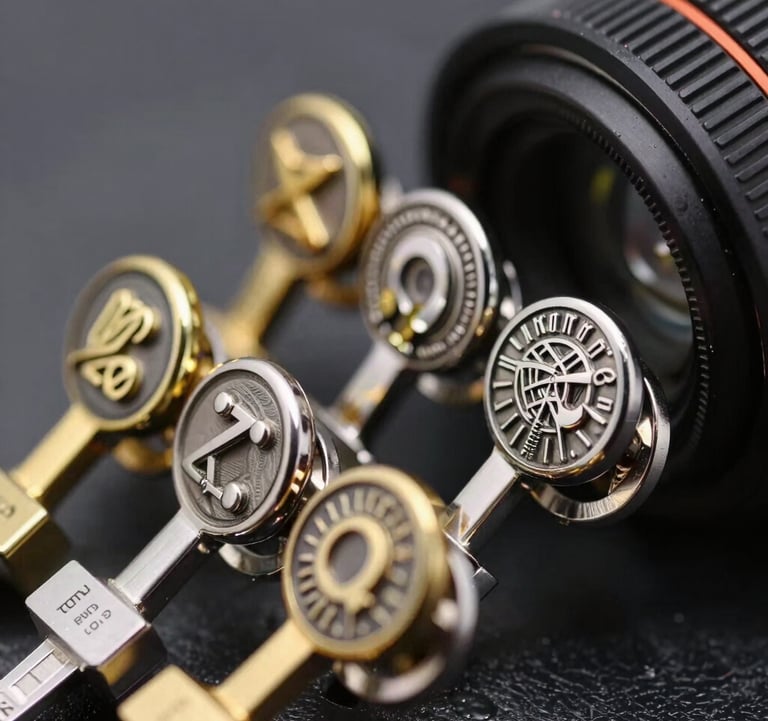 Close-up shot of a set of high-detail zamak pins with gold accents, showcasing intricate engravings and professional polishing, luxury product presentation style.