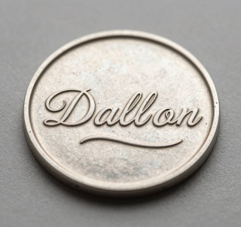 Professional photography of a silver commemorative piece with elegant typography engraved, macro perspective, soft neutral gray tones.