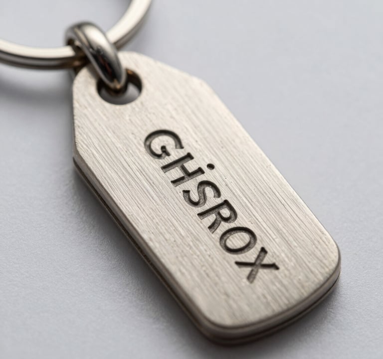 Extreme macro photography of a brushed metallic texture on a heavy keychain, showing fine craftsmanship and professional engraving under soft studio light.