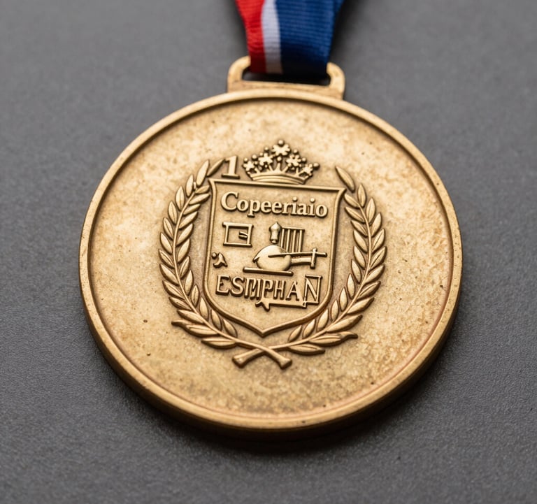 A heavy commemorative medal in antique gold finish with a custom embossed corporate logo, displayed on a dark neutral gray background. High-end product photography with macro focus, Spanish / European manufacturing style.