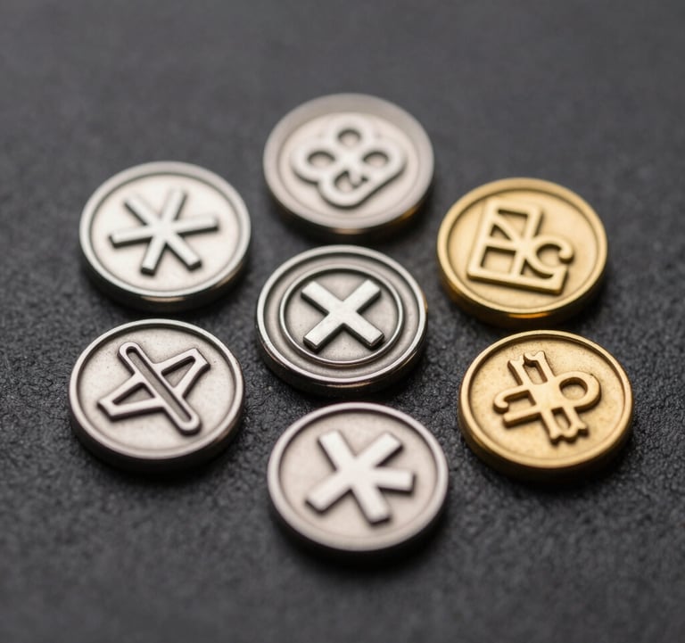 Macro photography of custom metal pins with detailed logos and high-contrast lighting. The pins show a mix of metallic silver and gold textures, photographed with a shallow depth of field on a charcoal background.