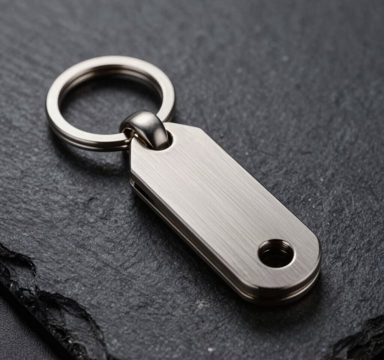 Macro photography of a premium custom metal keychain with a brushed antique silver finish, resting on a dark slate surface with high-contrast cinematic lighting, Spanish manufacturing studio setting.