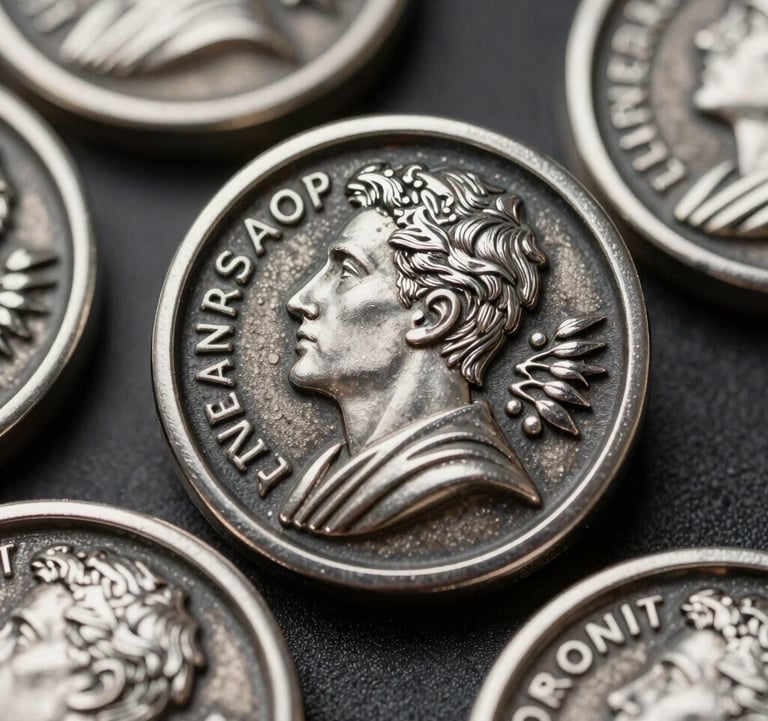 Close-up of high-quality custom metal pins with intricate relief work and a polished silver finish. Dramatic lighting highlighting the sharp edges and metallic luster, Spanish / European aesthetic.