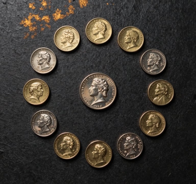 A top-down elegant presentation of metallic commemorative items, including pins and coins, arranged symmetrically on a dark textured charcoal background with subtle gold light reflections.