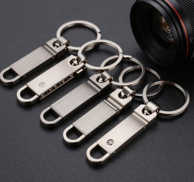 Professional studio photography of a collection of premium custom metal keychains. Elegant composition with high-end industrial lighting, highlighting the brushed metal finishes and durable quality.