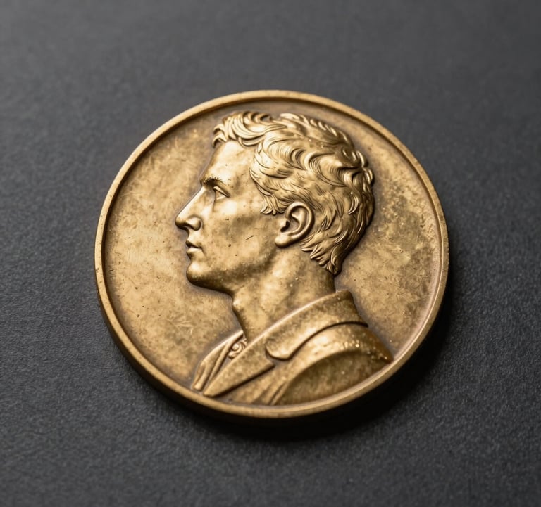 Detailed shot of a commemorative medal featuring antique gold finish and deep relief textures, displayed against a dark charcoal background with soft neutral gray shadows.