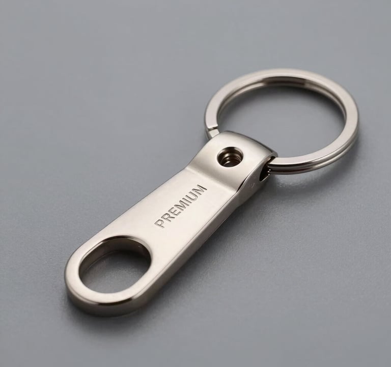 Premium custom metal keychains featuring clean lines and a durable metallic silver finish. Professional studio lighting on a soft neutral gray background, highlighting the quality and strength of the product, Spanish / European context.