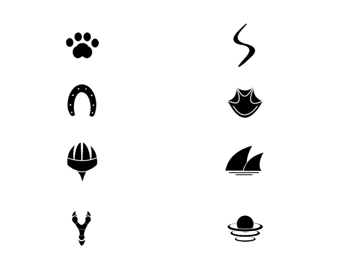 8 images of the Prints in the game: a paw print, horseshoe, stylized claws, bird talon, slither mark