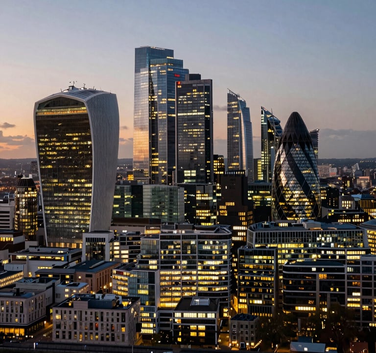 An aerial view of the London skyline at twilight, focusing on the sophisticated geometry of modern skyscrapers. Rich golden lights and deep black shadows.
