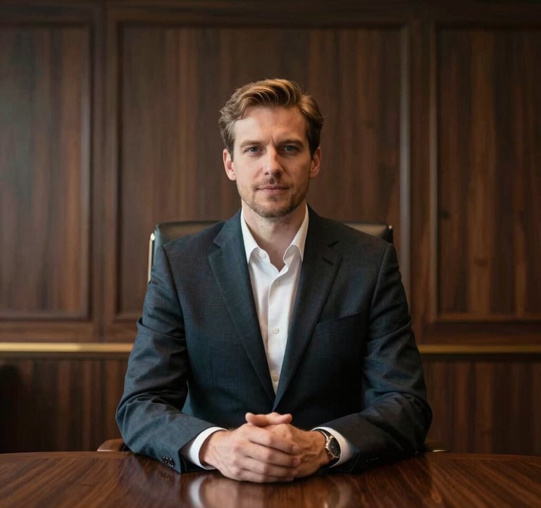 A professional portrait in a high-end European / British corporate boardroom with dark wood panels and subtle golden lighting. Refined and confident atmosphere.