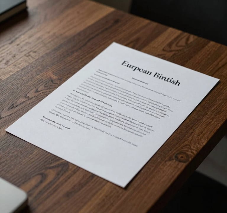 A close-up of a high-end creative brief on a minimalist wooden desk in a London office. Elegant serif typography is visible on the paper. Dark, moody, European / British aesthetic.